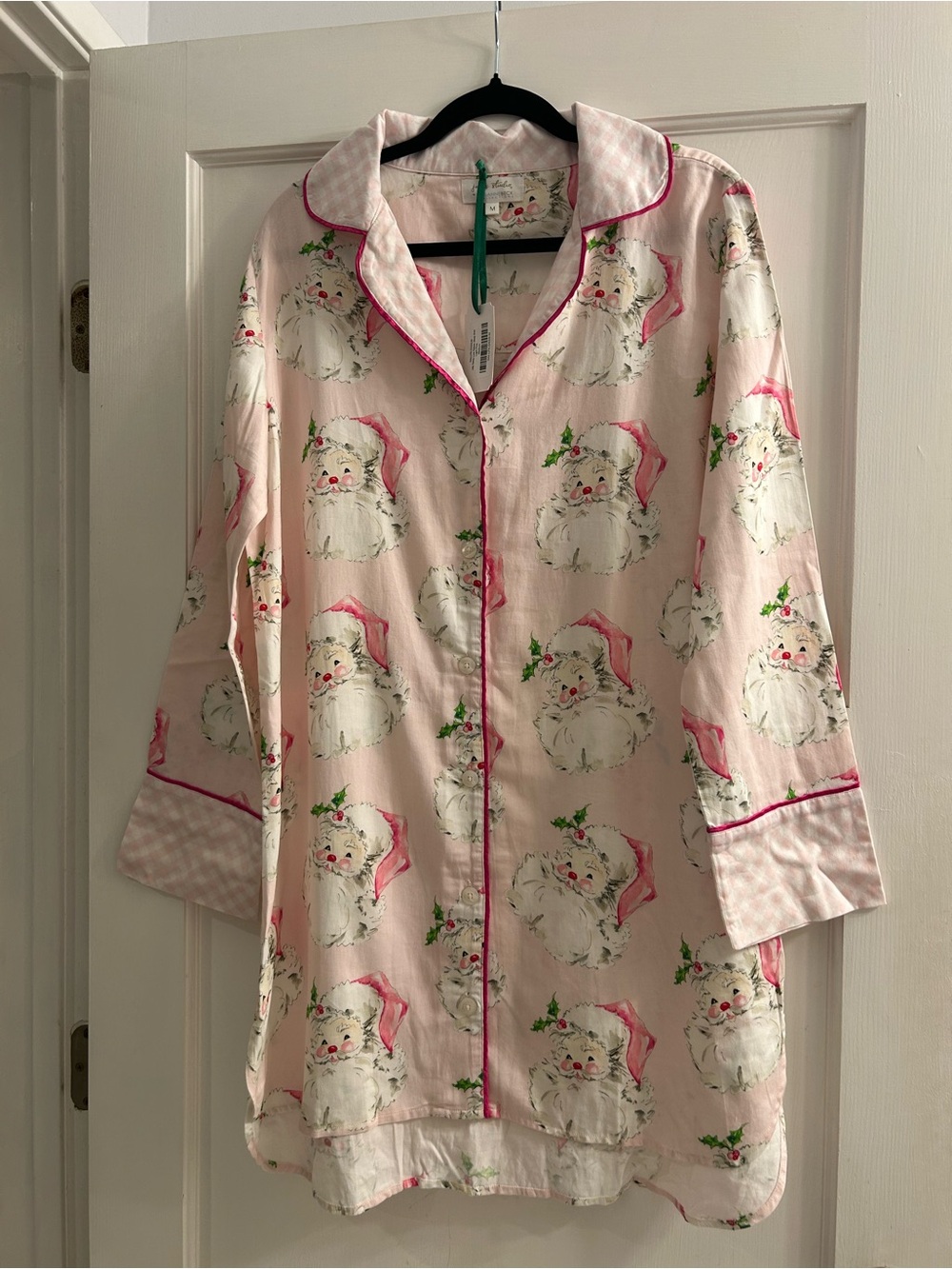 Jaye’s Studio Pink Gingham Jolly Santa Luxe Sateen Sleep Shirt Size Medium NWT
